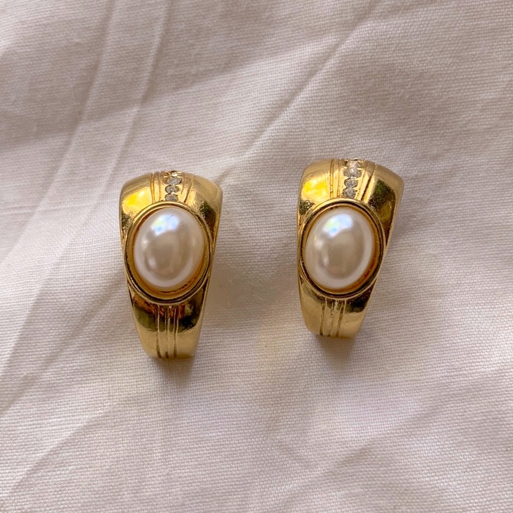 Vintage Gold Pearl Diamond Huggies Stud Earrings